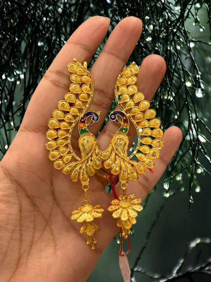 Peacock Inspired Gold Drop Earrings