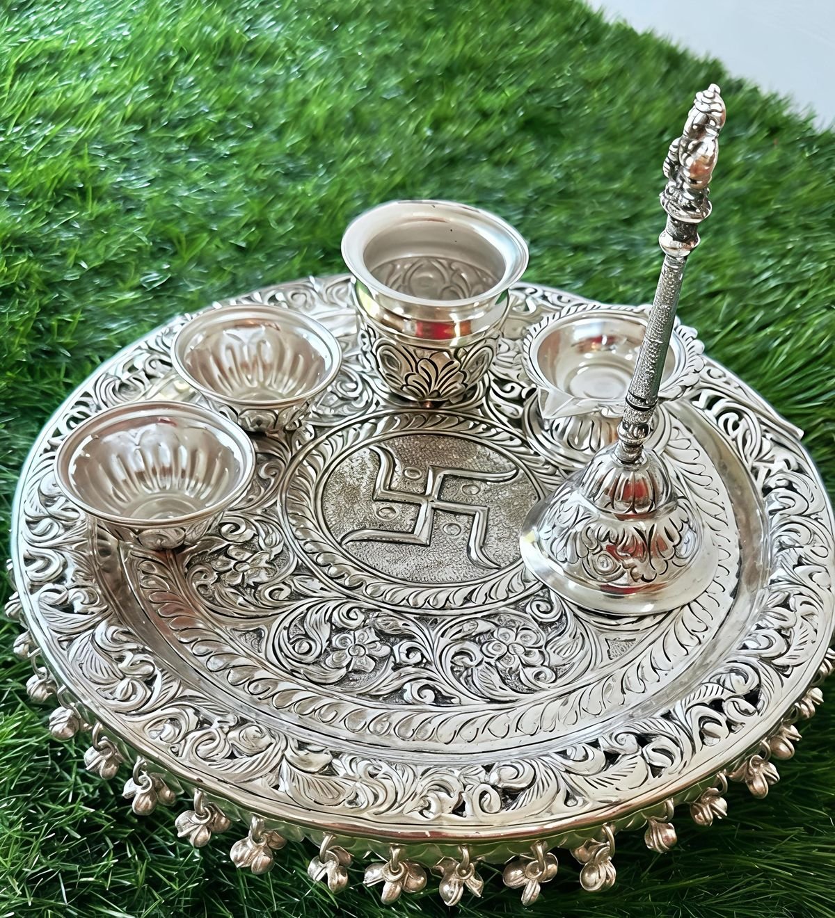 Traditional Silver Puja Items Set